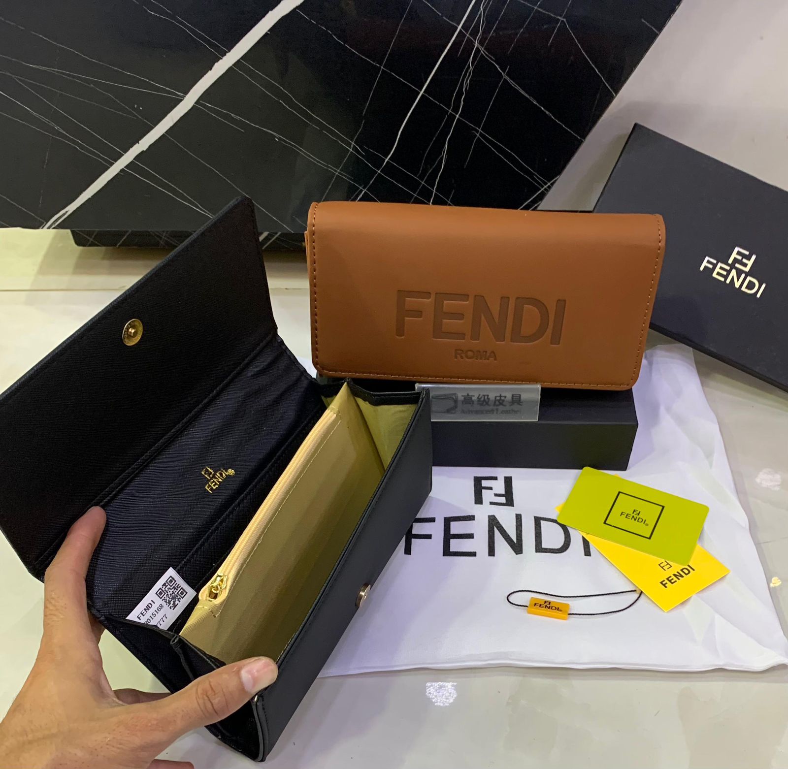 Fendi Roma black calfskin leather folded continental wallet